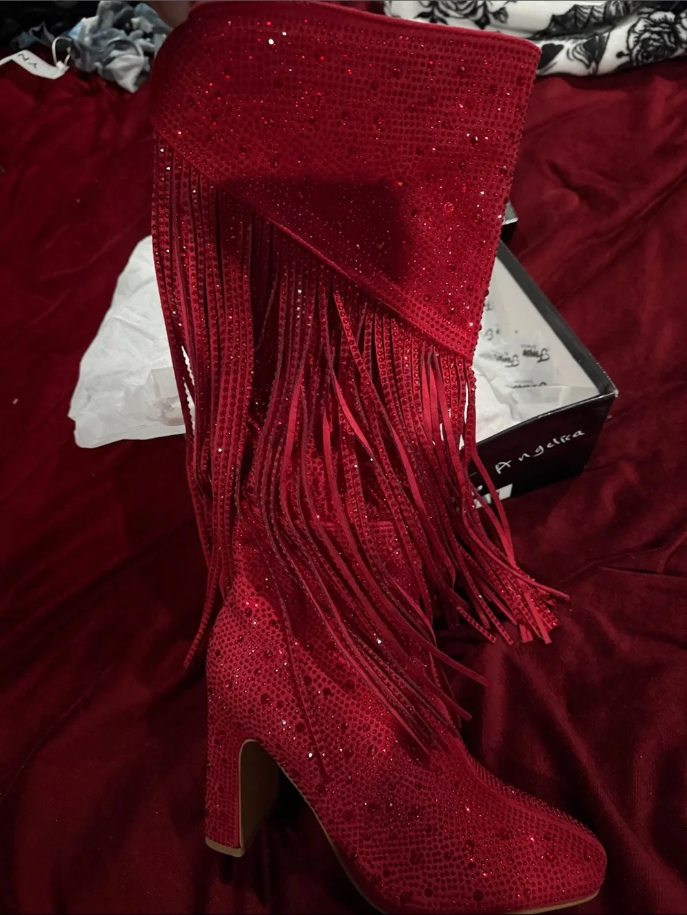 Red Fringe Rhinestone High Heel Boot